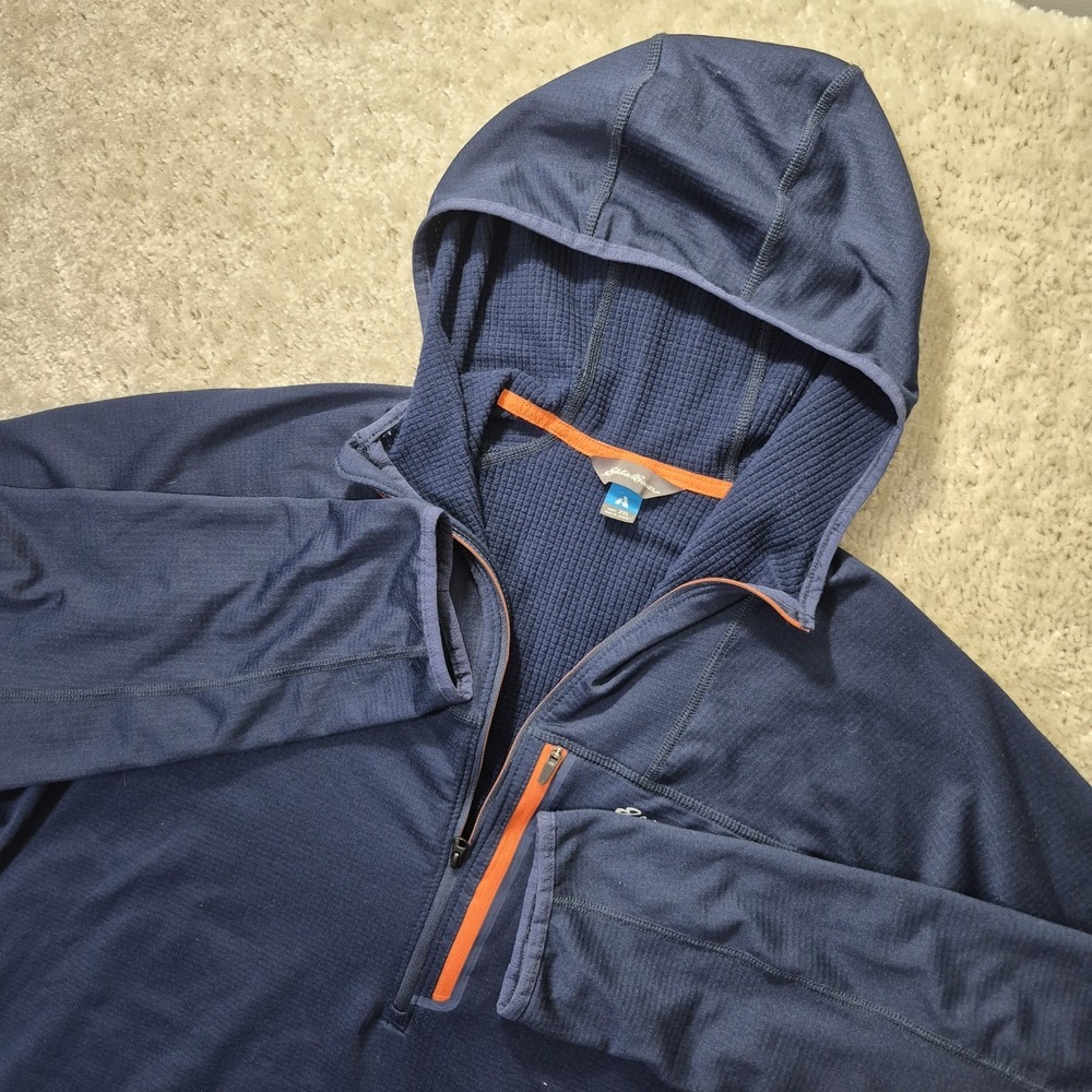 Eddie Bauer First Ascent Pullover Mens 2XL Blue Hooded Free Heat 1/4 Zip Fleece
